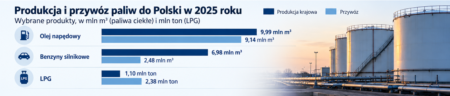Produkcja krajowa i przywóz oleju napędowego, benzyn silnikowych i LPG do Polski w 2025 roku według URE.